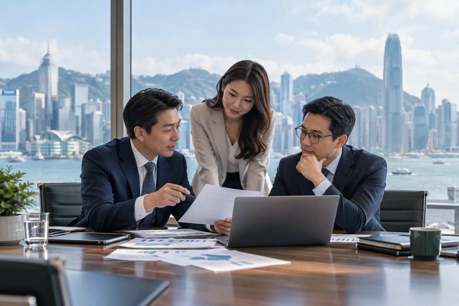 Three business professionals reviewing documents around a laptop
