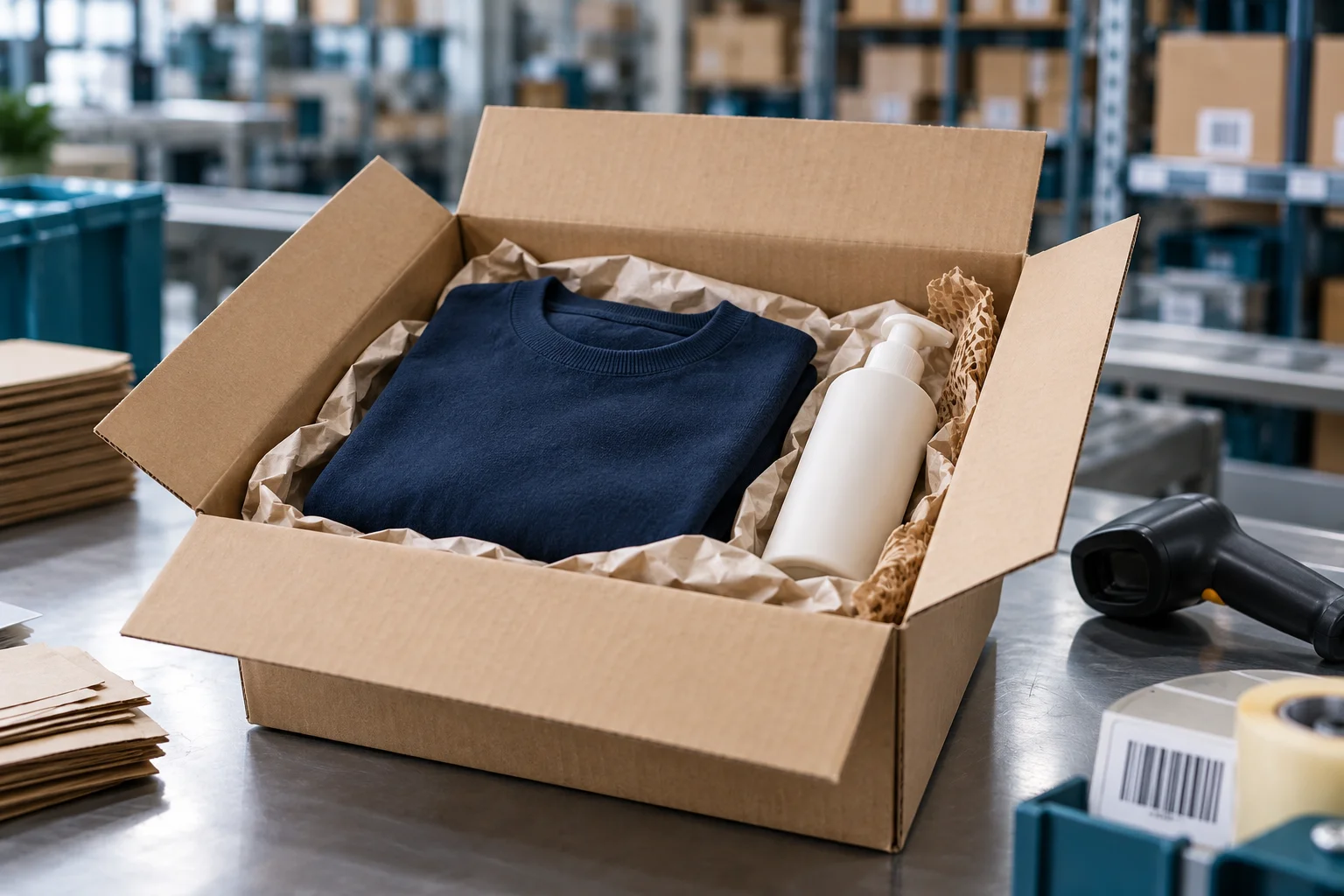 Clothing and a bottle packed in a cardboard shipping box