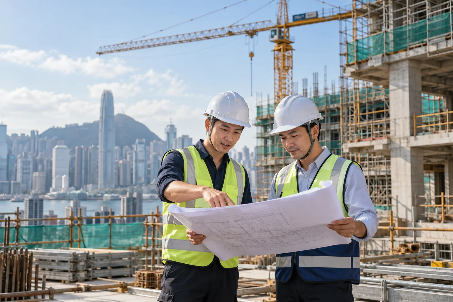 Two construction engineers wearing safety helmets and reviewing blueprints