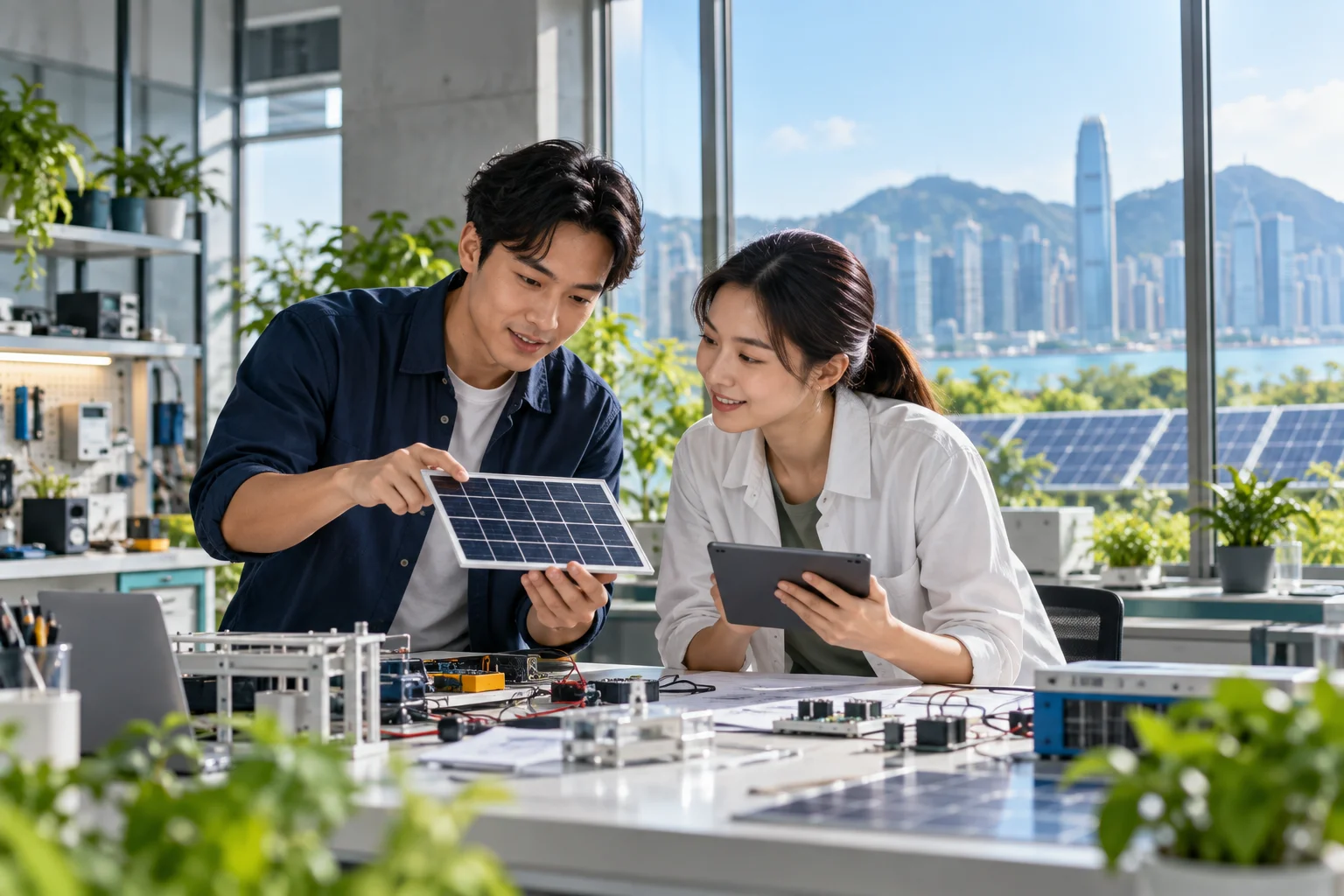 Two clean technology engineers examining a small solar panel prototype