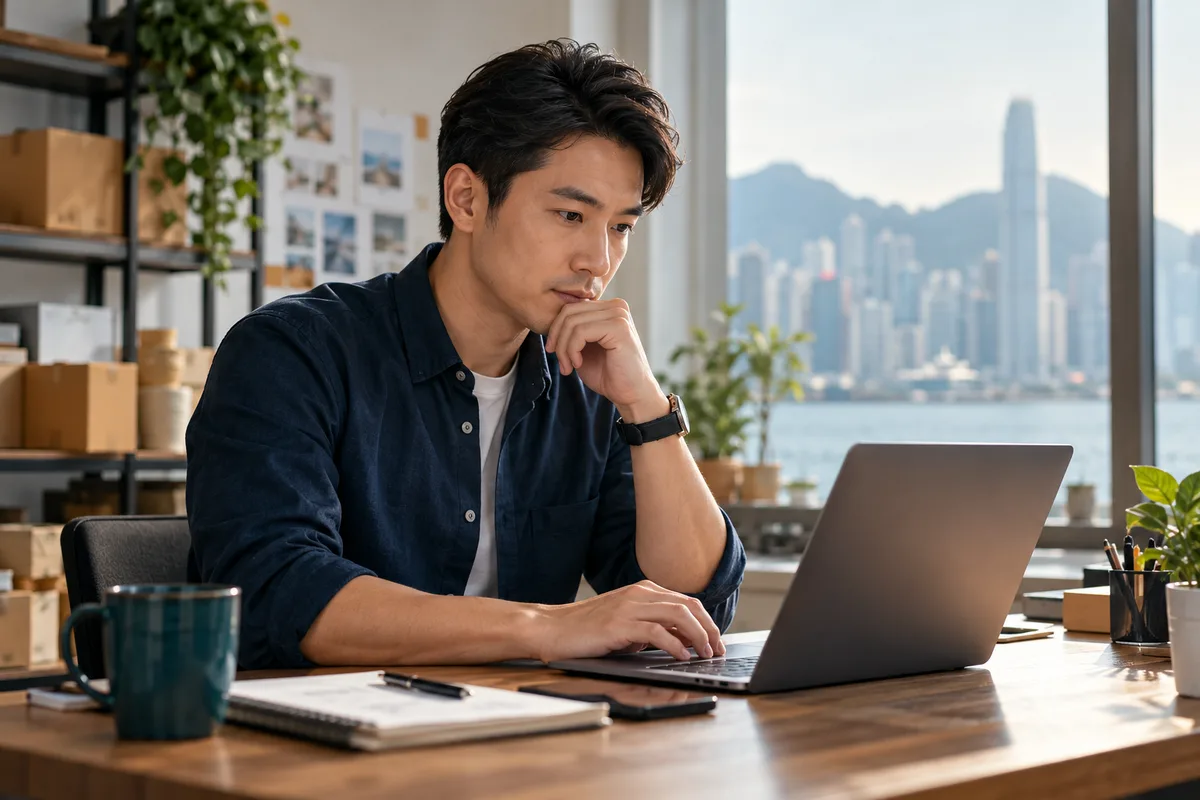 Asian business owner reviewing information on a laptop