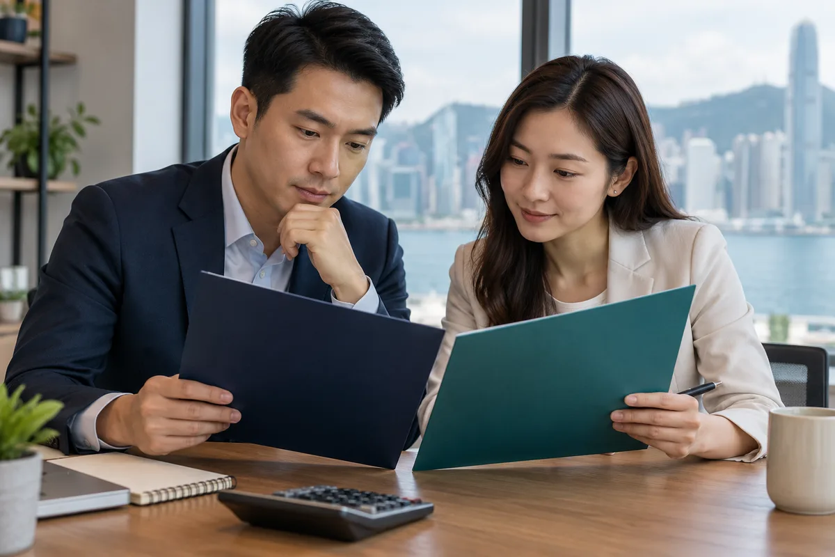 Asian business owners comparing two financing proposal folders