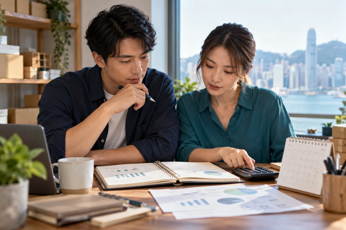 Asian business owners reviewing a cash flow notebook and calculator