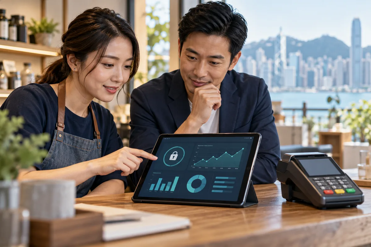 Asian business owners reviewing a secure dashboard on a tablet