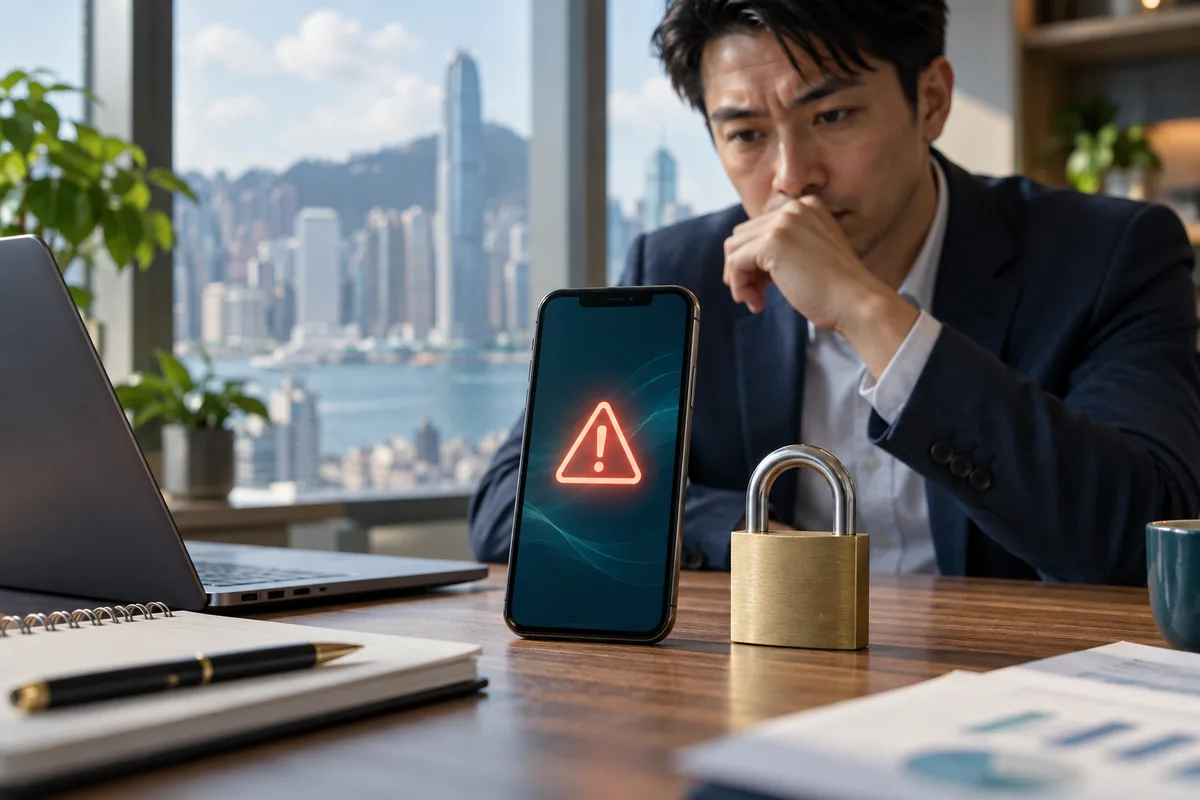 Asian businessman beside a smartphone warning symbol and a padlock
