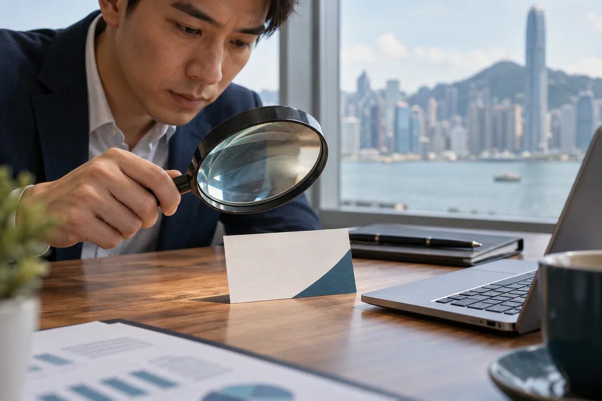 Asian businessman inspecting a business card with a magnifying glass