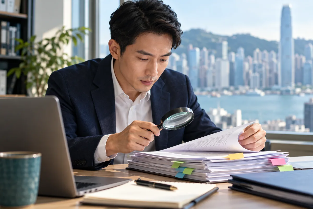 Asian businessman inspecting contract pages with a magnifying glass