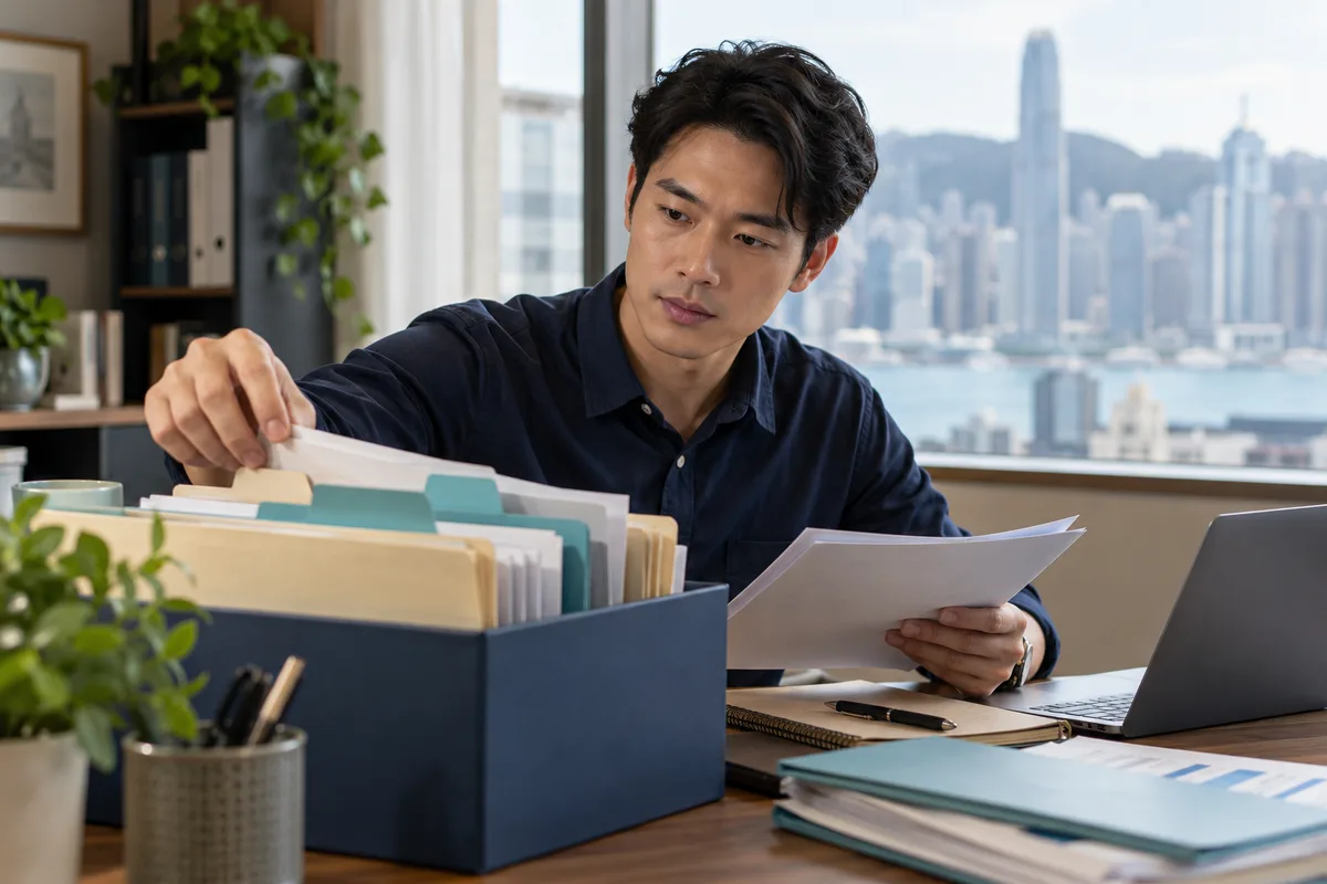 Asian businessman organizing receivable folders with colored tabs