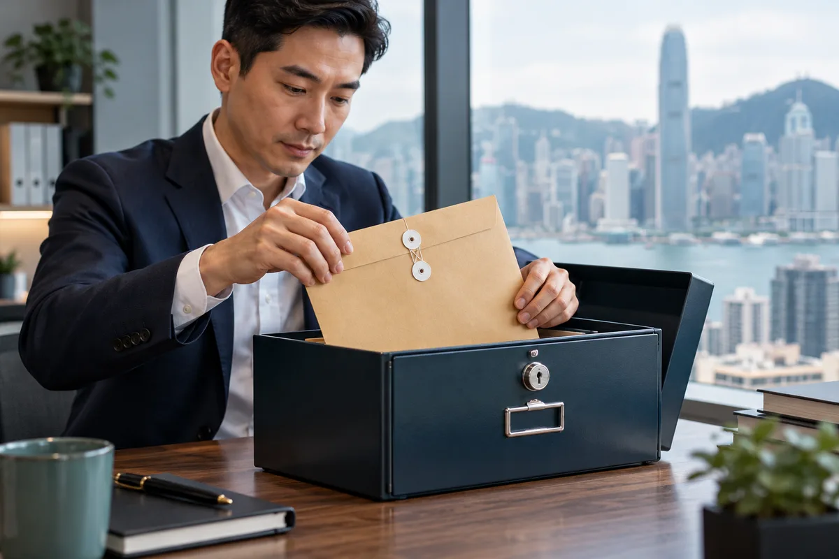 Asian businessman placing a sealed envelope in a document box