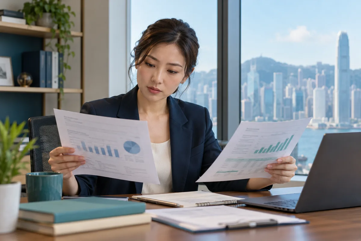 Asian businesswoman comparing financial charts on two proposals