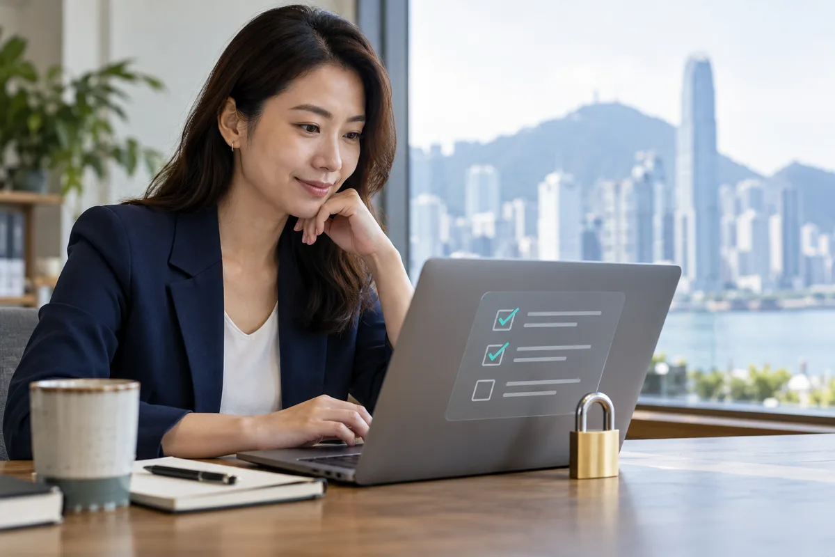 Asian businesswoman reviewing consent options on a laptop beside a padlock