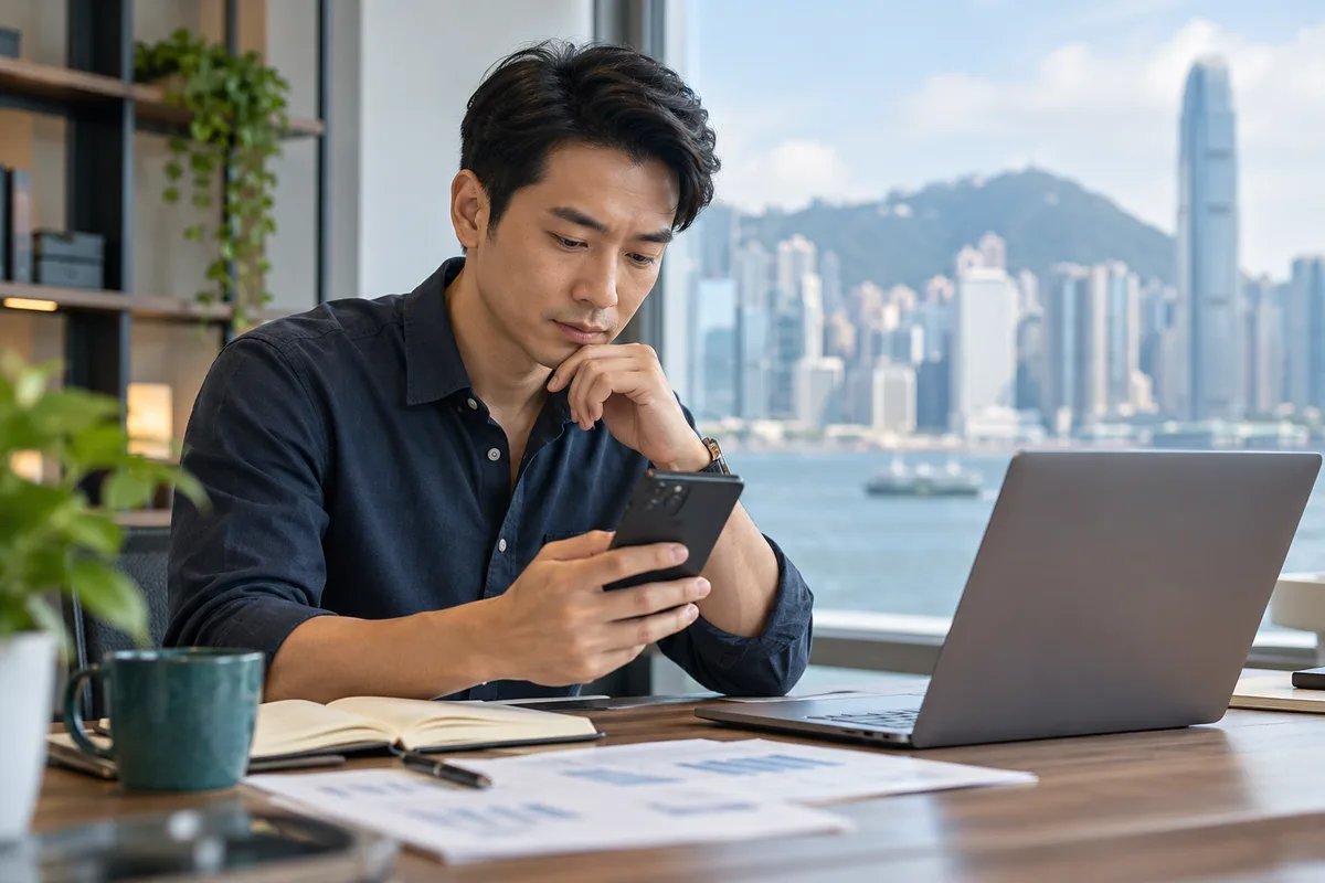 Asian entrepreneur checking a phone beside a laptop
