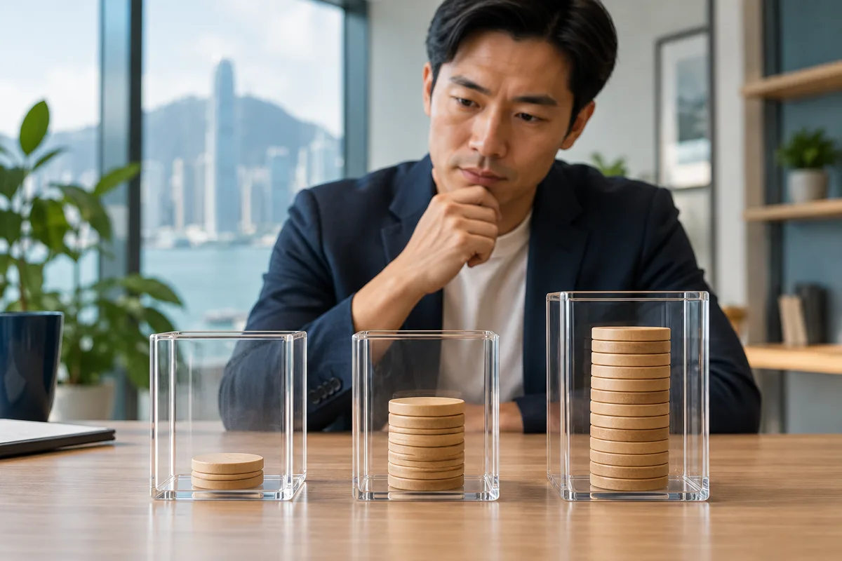 Asian entrepreneur comparing token stacks in three transparent boxes