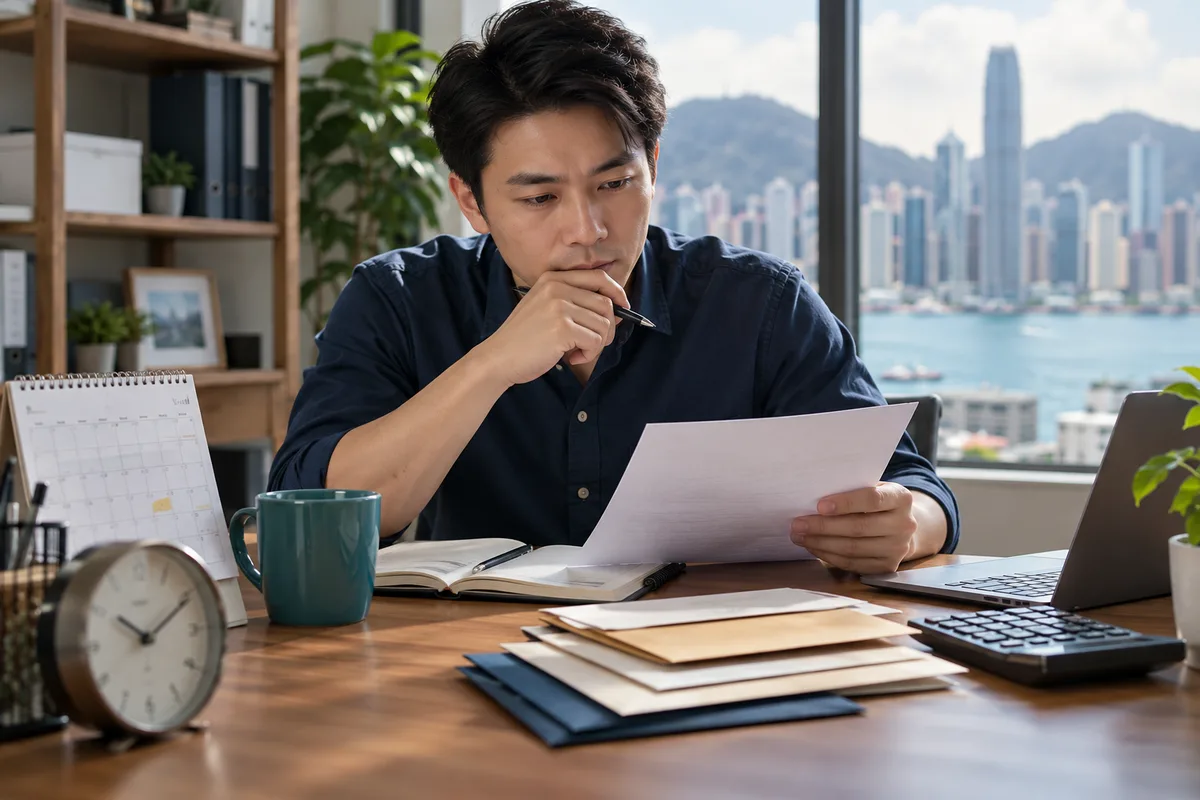 Asian entrepreneur reviewing paperwork beside a clock and payment envelopes