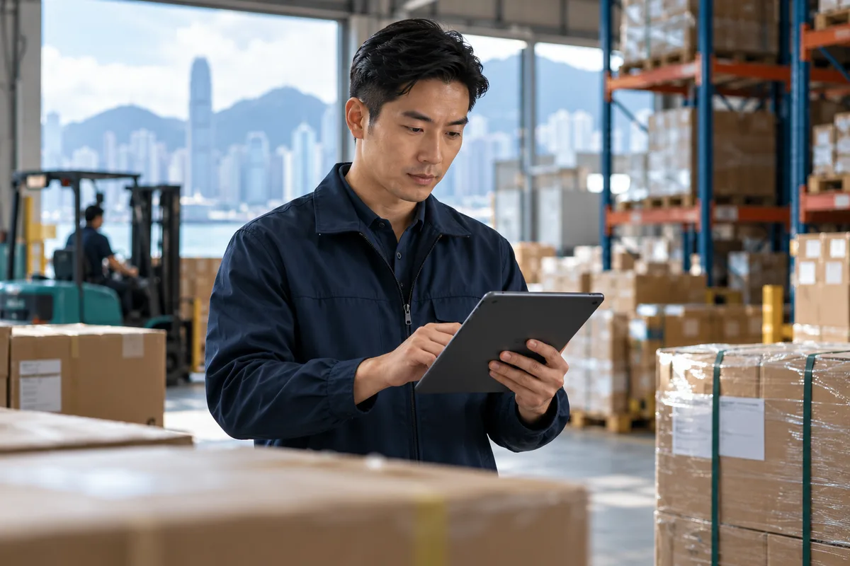 Asian logistics manager checking a tablet beside warehouse cartons