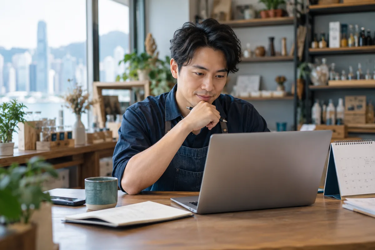 Asian shop owner reviewing a laptop beside a desk calendar