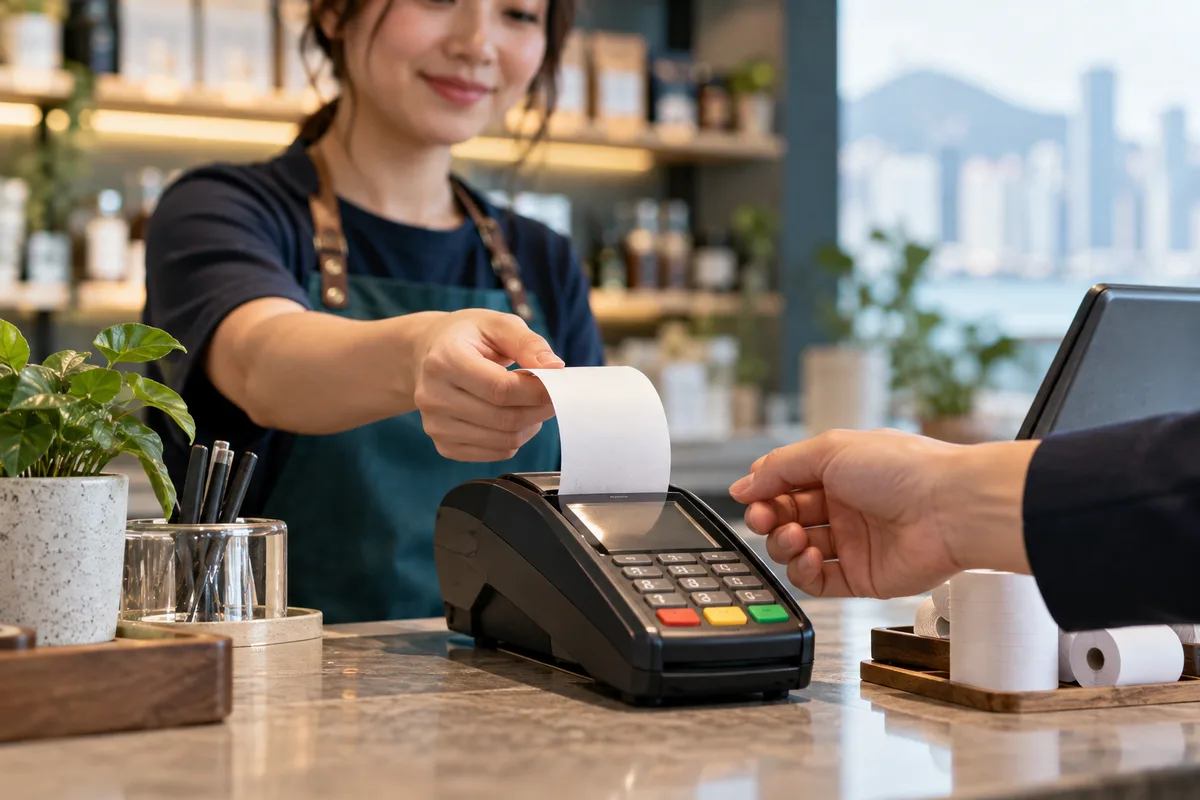 Asian shopkeeper handing a receipt to a customer beside a payment terminal