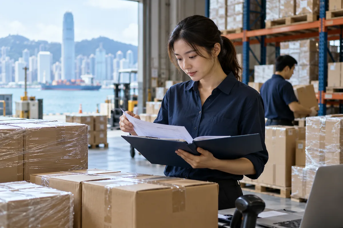 Asian warehouse manager reviewing an invoice beside packaged goods