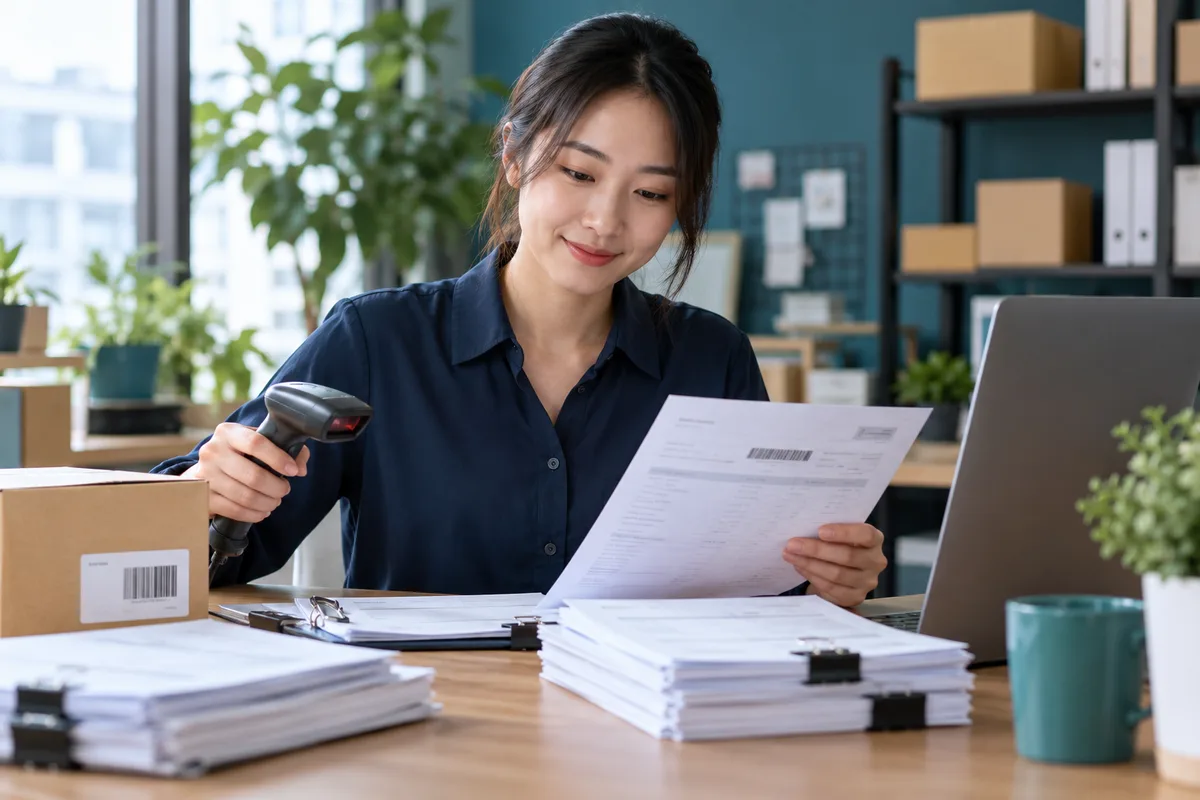 Asian warehouse worker holding a barcode scanner and an invoice