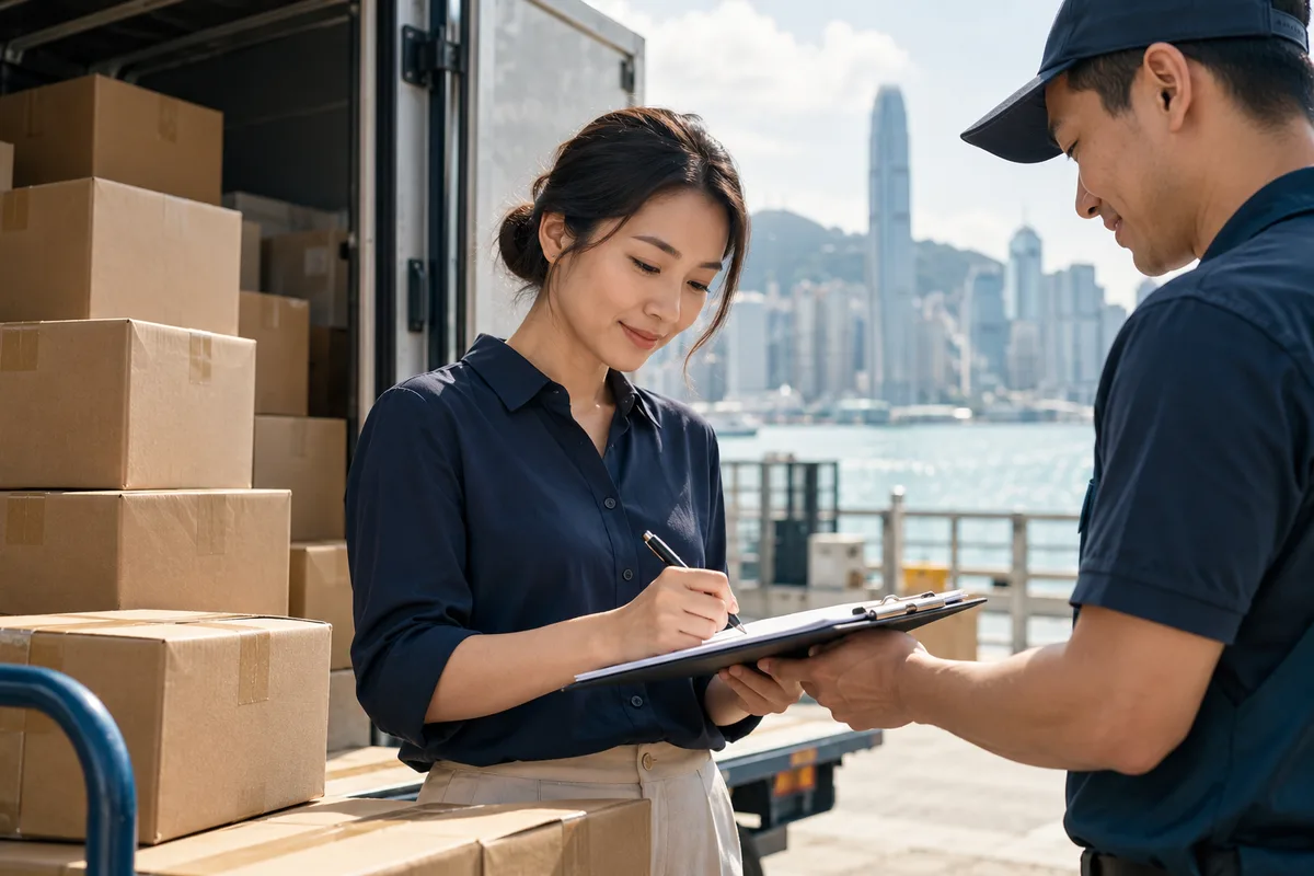 Asian warehouse worker signing a delivery clipboard beside cartons