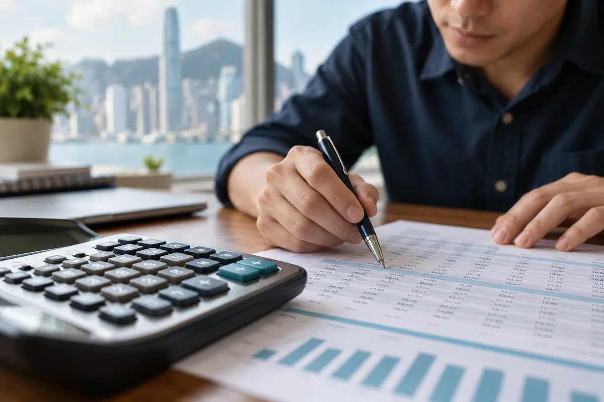 Hands checking a repayment schedule beside a calculator