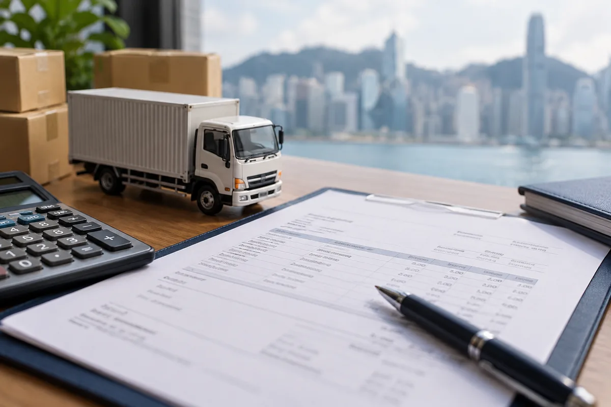 Invoice and calculator beside a model delivery truck