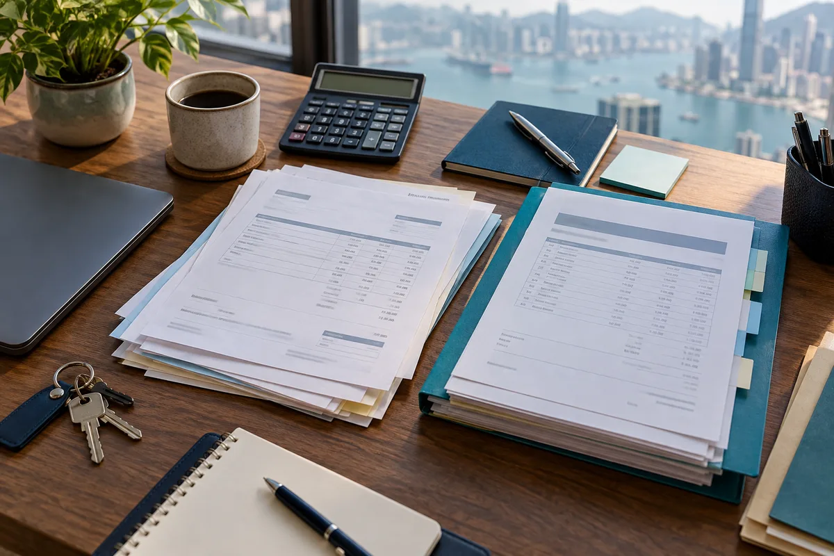 Invoice folders, calculator and office keys arranged on a desk