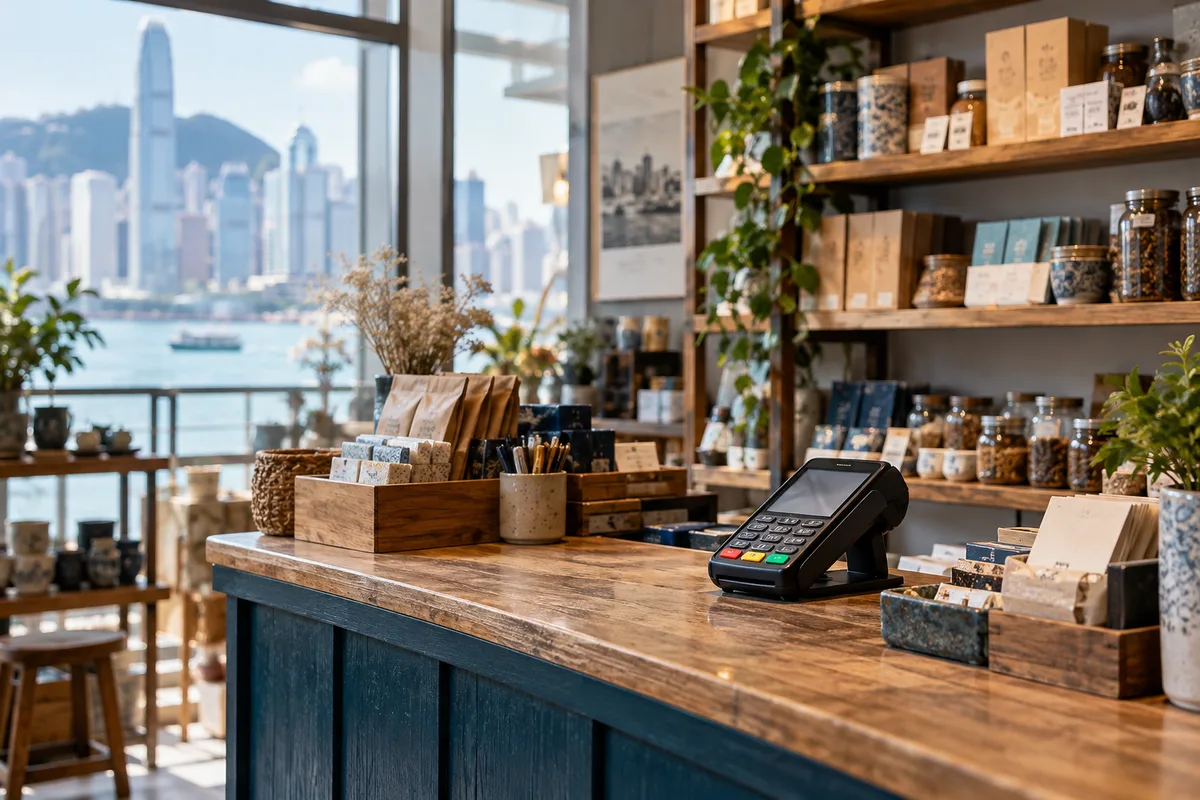 Payment terminal on a wooden counter in a Hong Kong shop