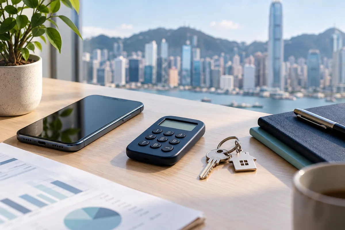 Smartphone, bank security token and keys on an office desk