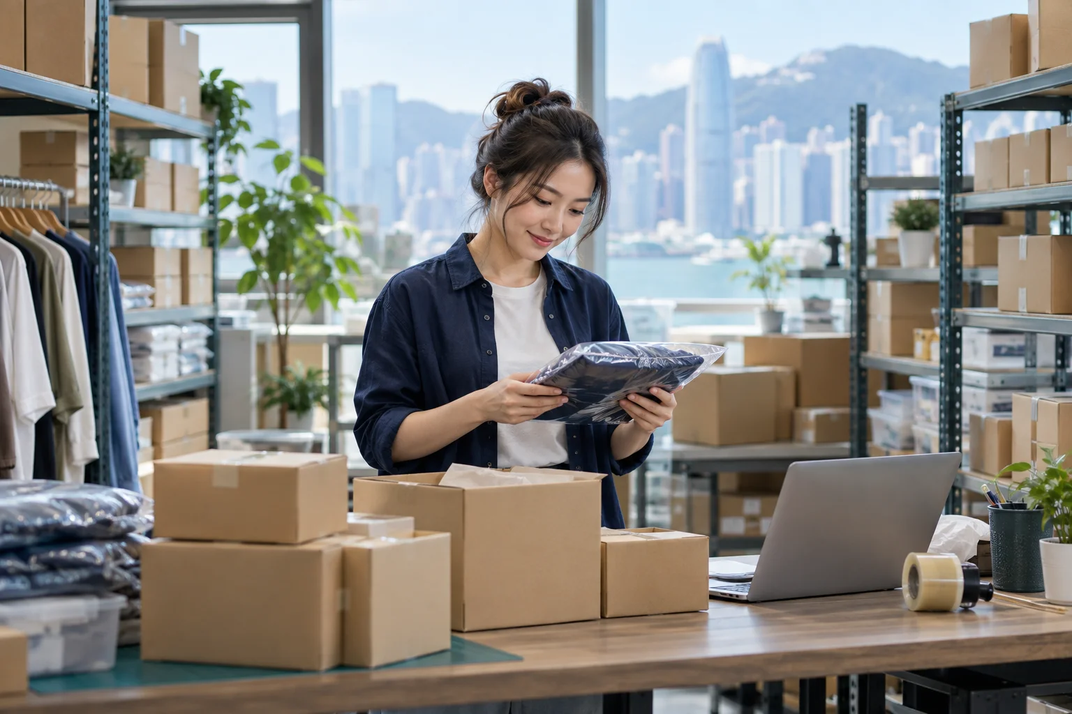 Online shop owner inspecting packaged clothing beside boxes and shelves