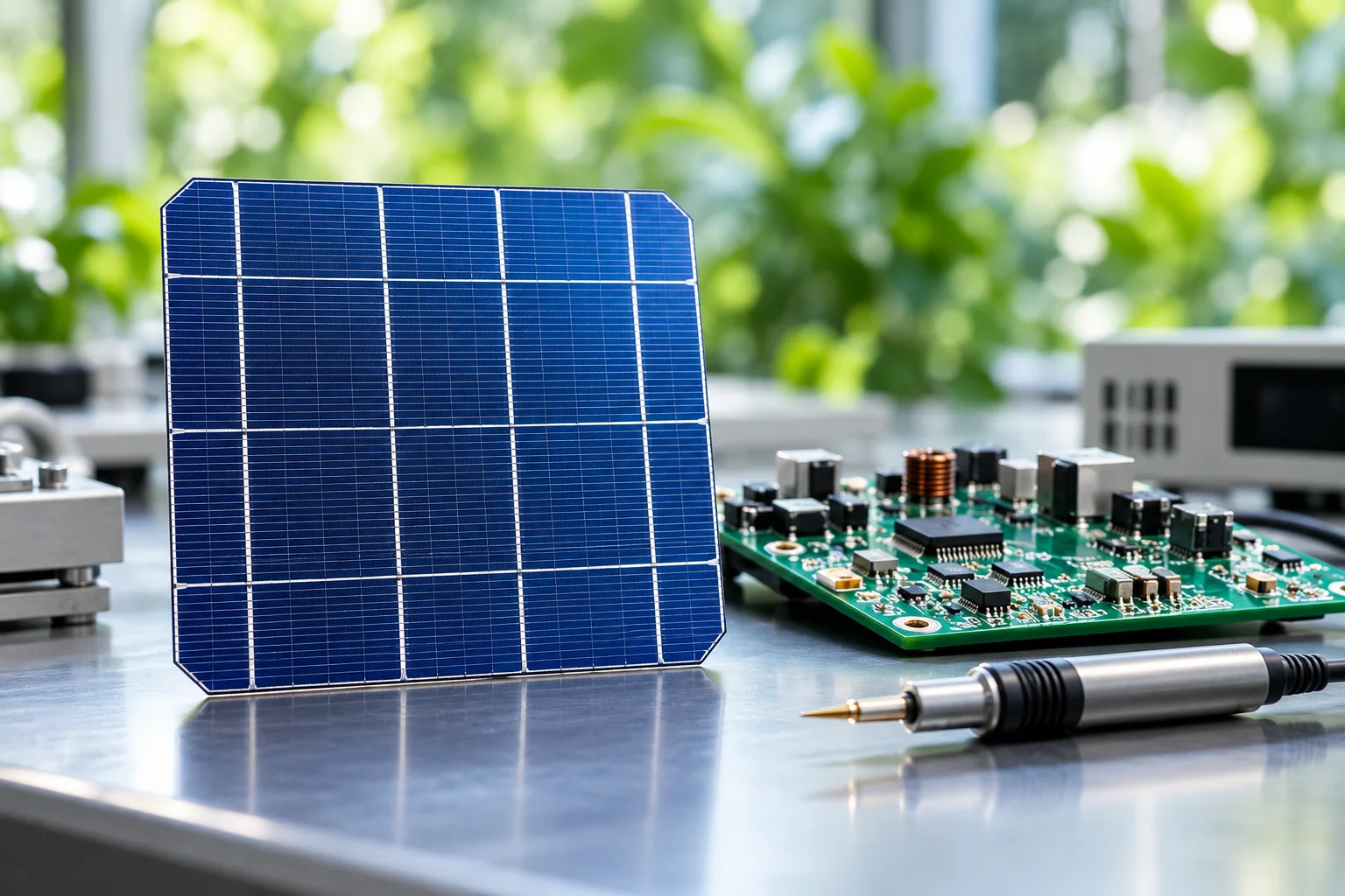 Solar cell prototype beside a circuit board and testing tool on a laboratory bench