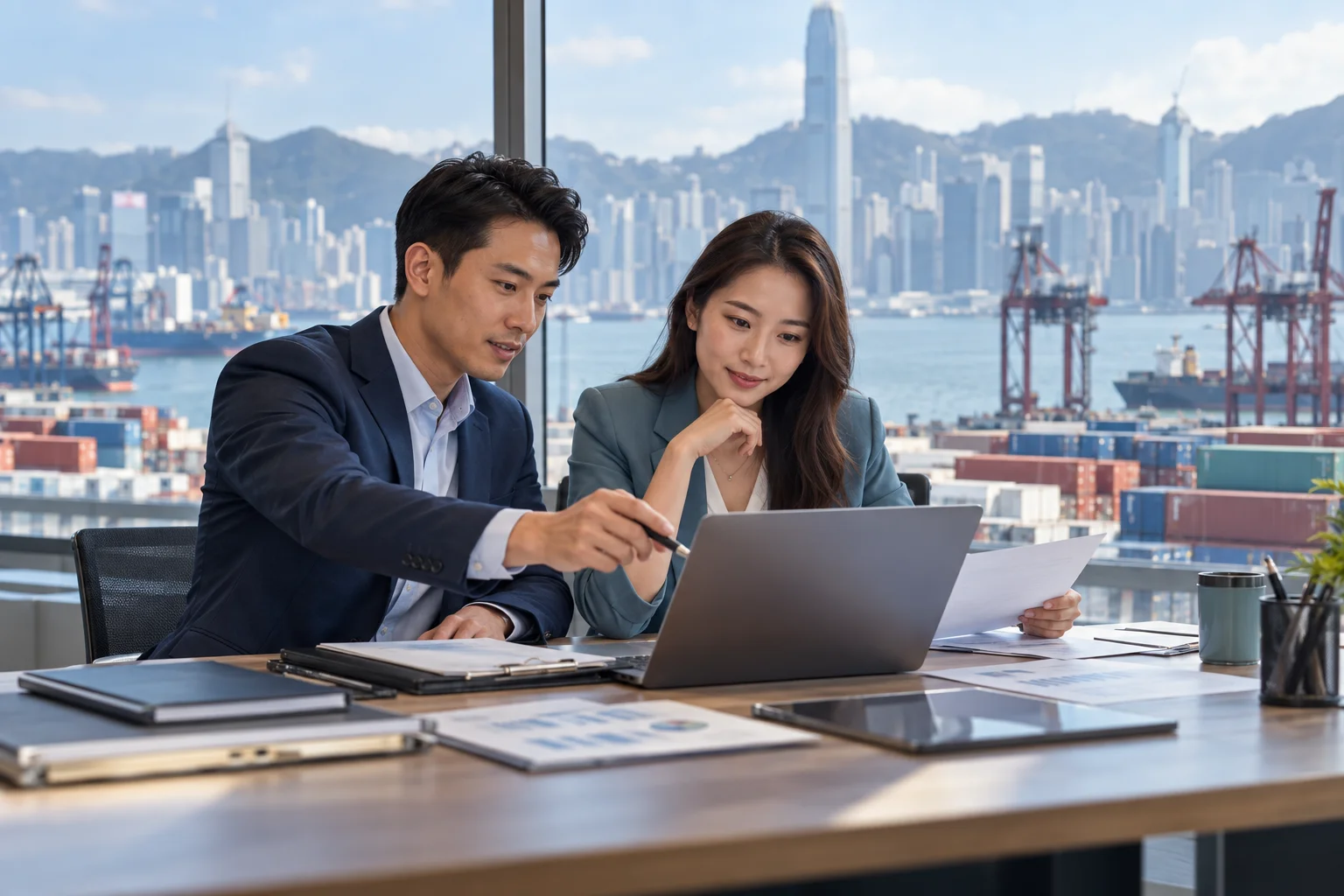 Two trade professionals reviewing paperwork beside a laptop overlooking a container port